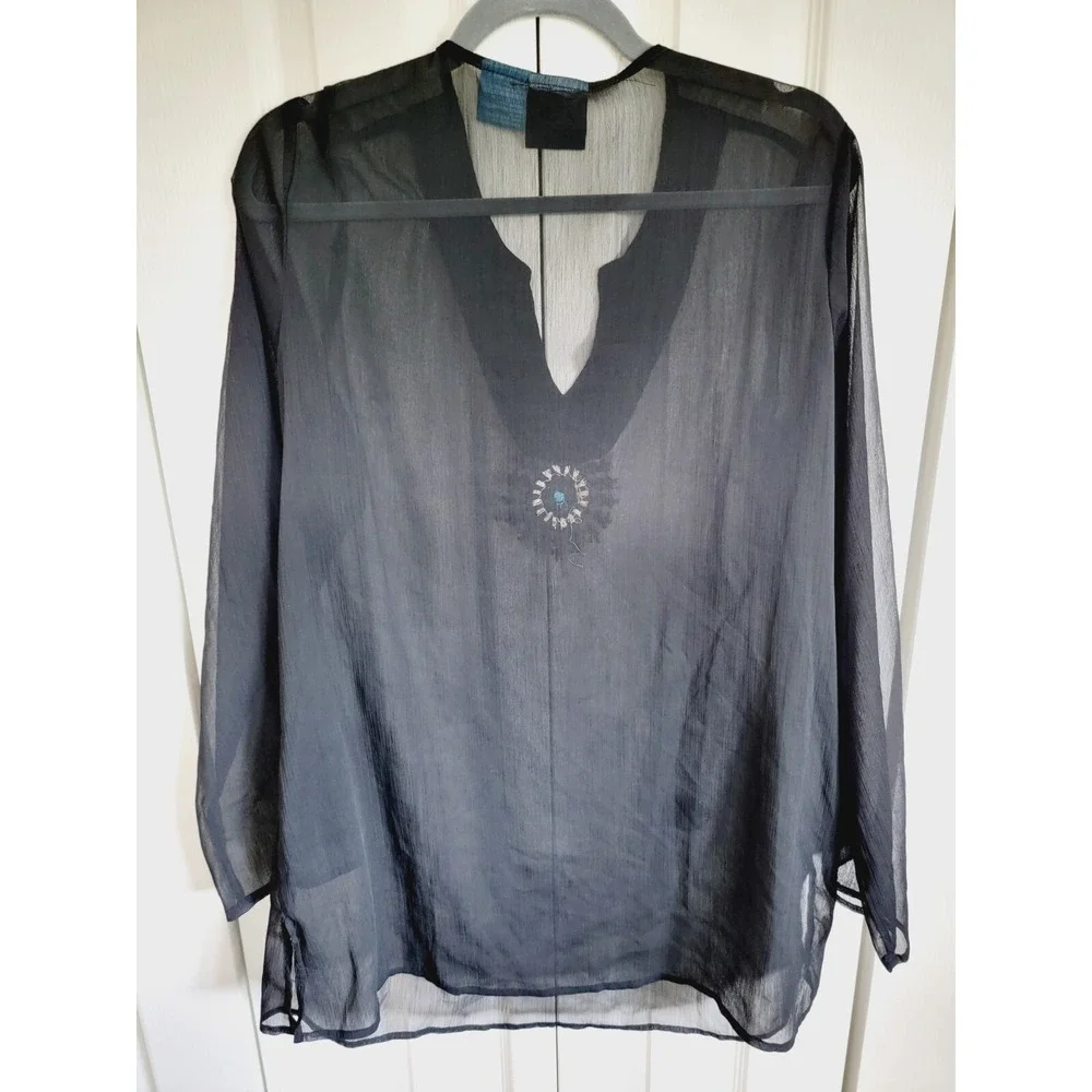 Look Nazaar‎ L Black Sheer Beaded Kaftan Tunic Swimsuit Cover Up Top Large